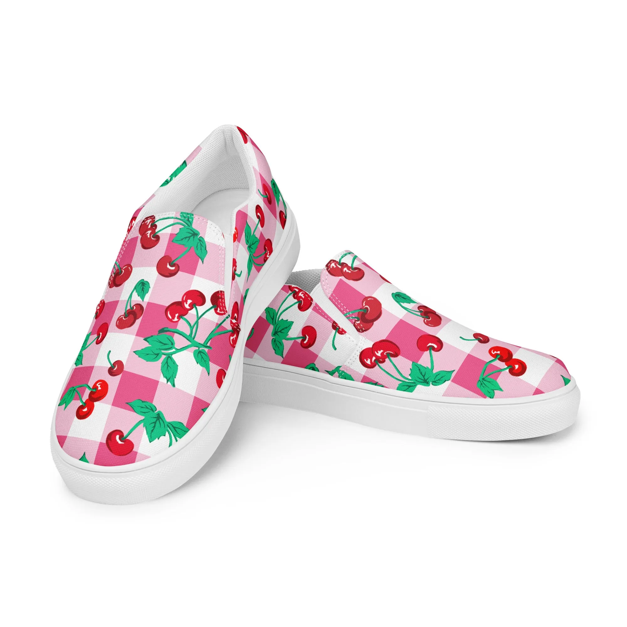 Pink Gingham Cherry Girl Women’s Canvas Slip-on Deck Shoes | Pinup Couture Relaxed