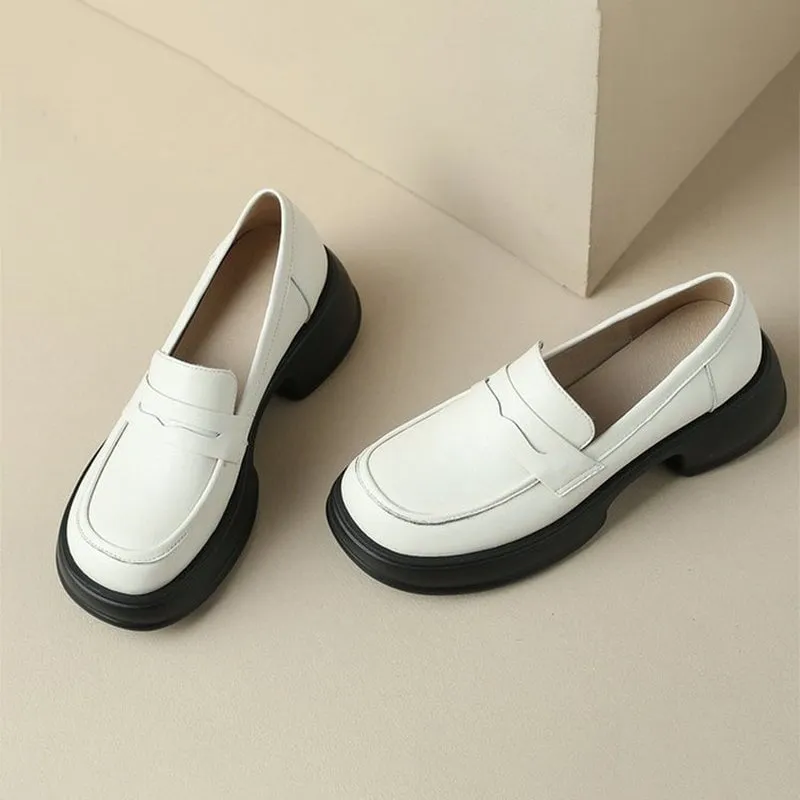 Platform Leather Penny Loafers for Women in Beige/Black