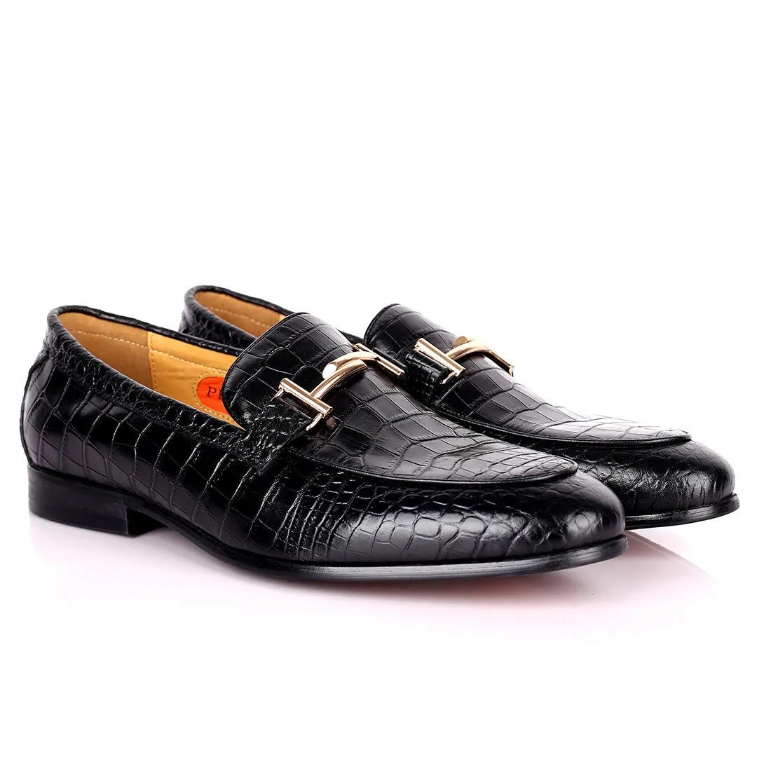 Prad Elegant Croc Leather Logo Designed Formal Shoe - Black