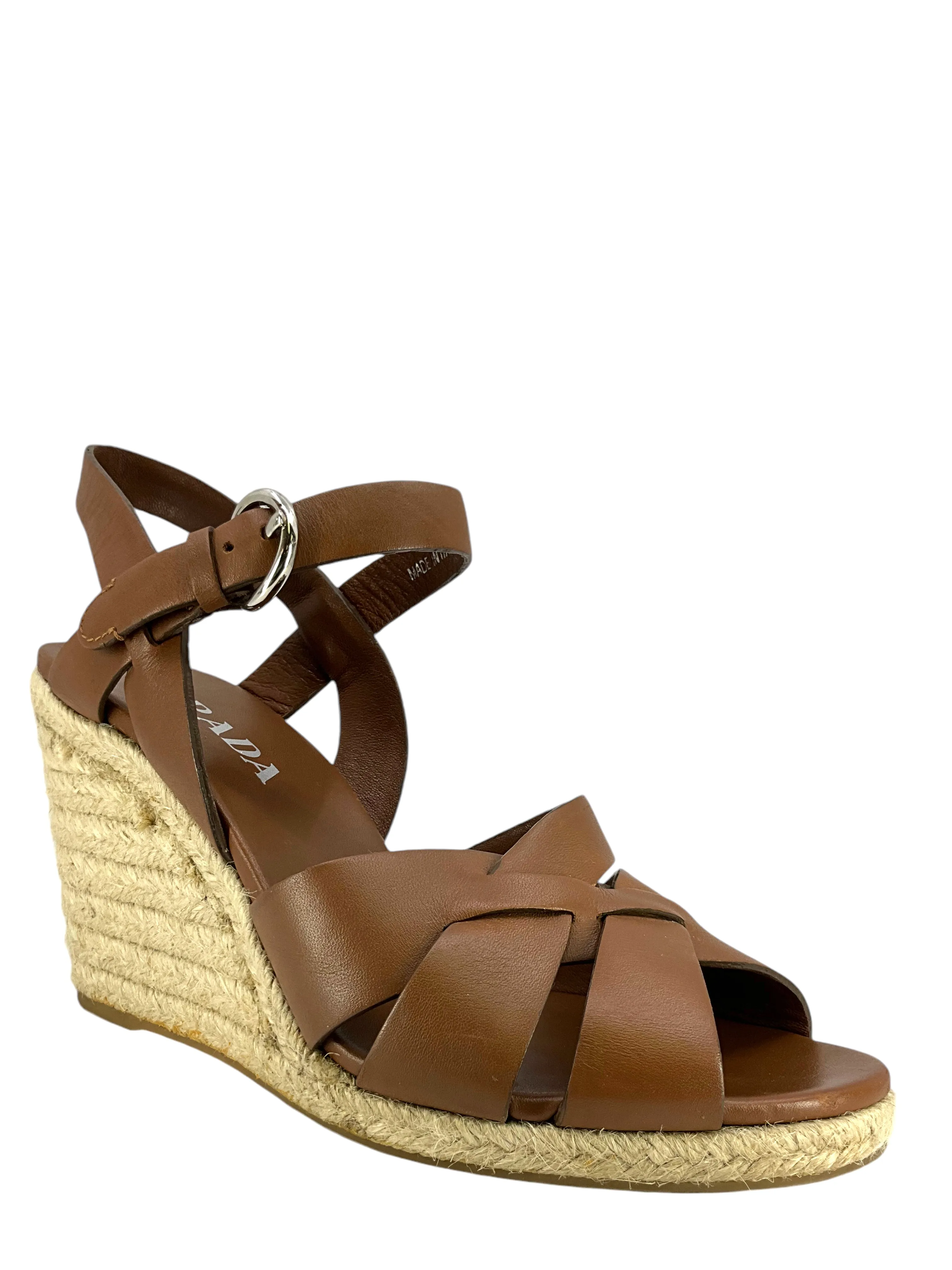 Prada Strappy Leather Espadrille Wedge Sandals Size 9