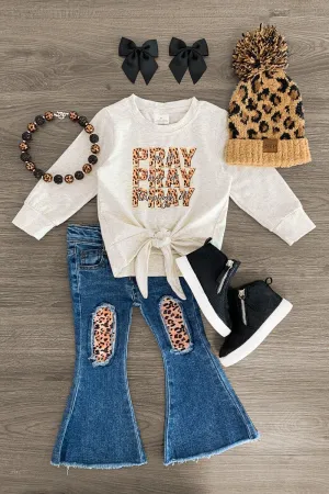 "Pray" Leopard Distressed Denim Flare Set