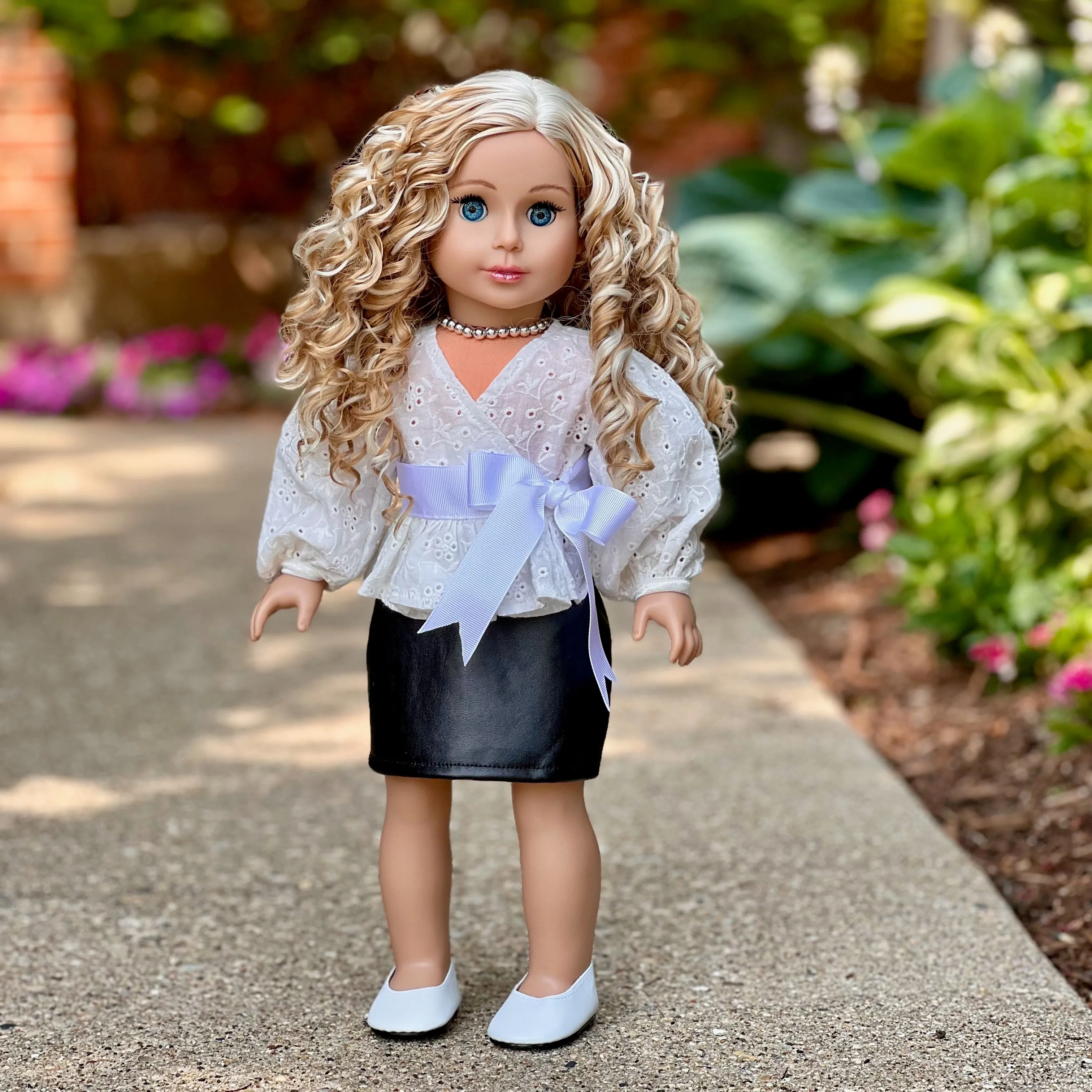 Rebel Glam - 4 Piece Outfit for 18 Inch Doll - Ivory Blouse, Black Leather Skirt, White Shoes and Silver Necklace - 18 Inch Doll Clothes ( Doll Not Included)