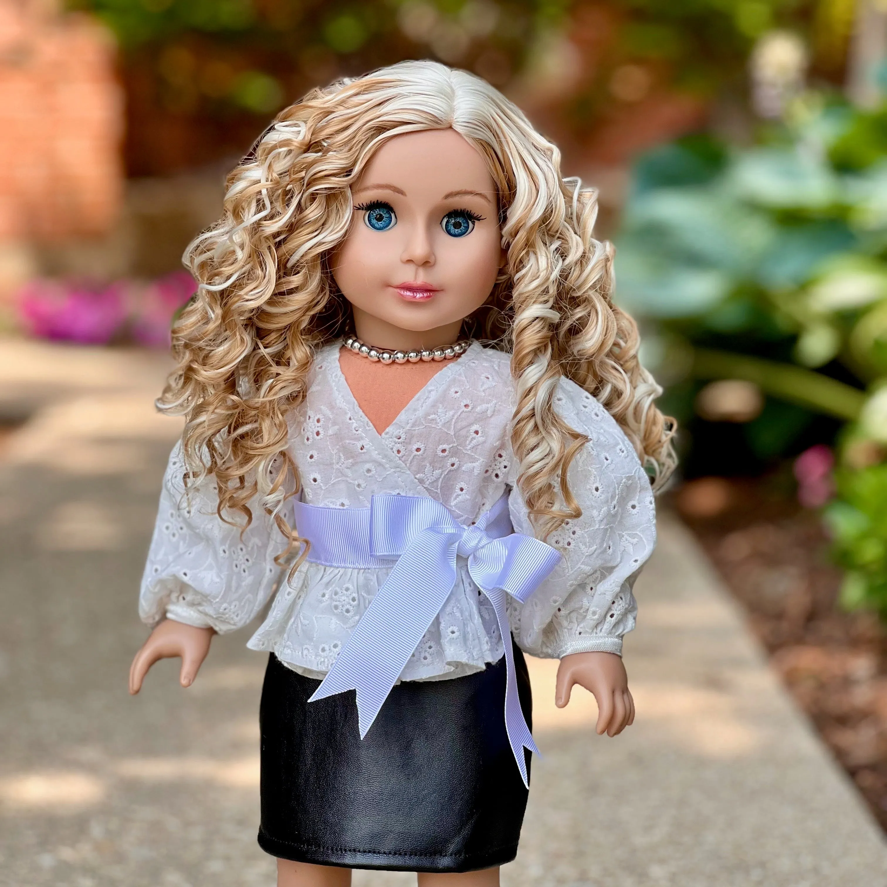 Rebel Glam - 4 Piece Outfit for 18 Inch Doll - Ivory Blouse, Black Leather Skirt, White Shoes and Silver Necklace - 18 Inch Doll Clothes ( Doll Not Included)