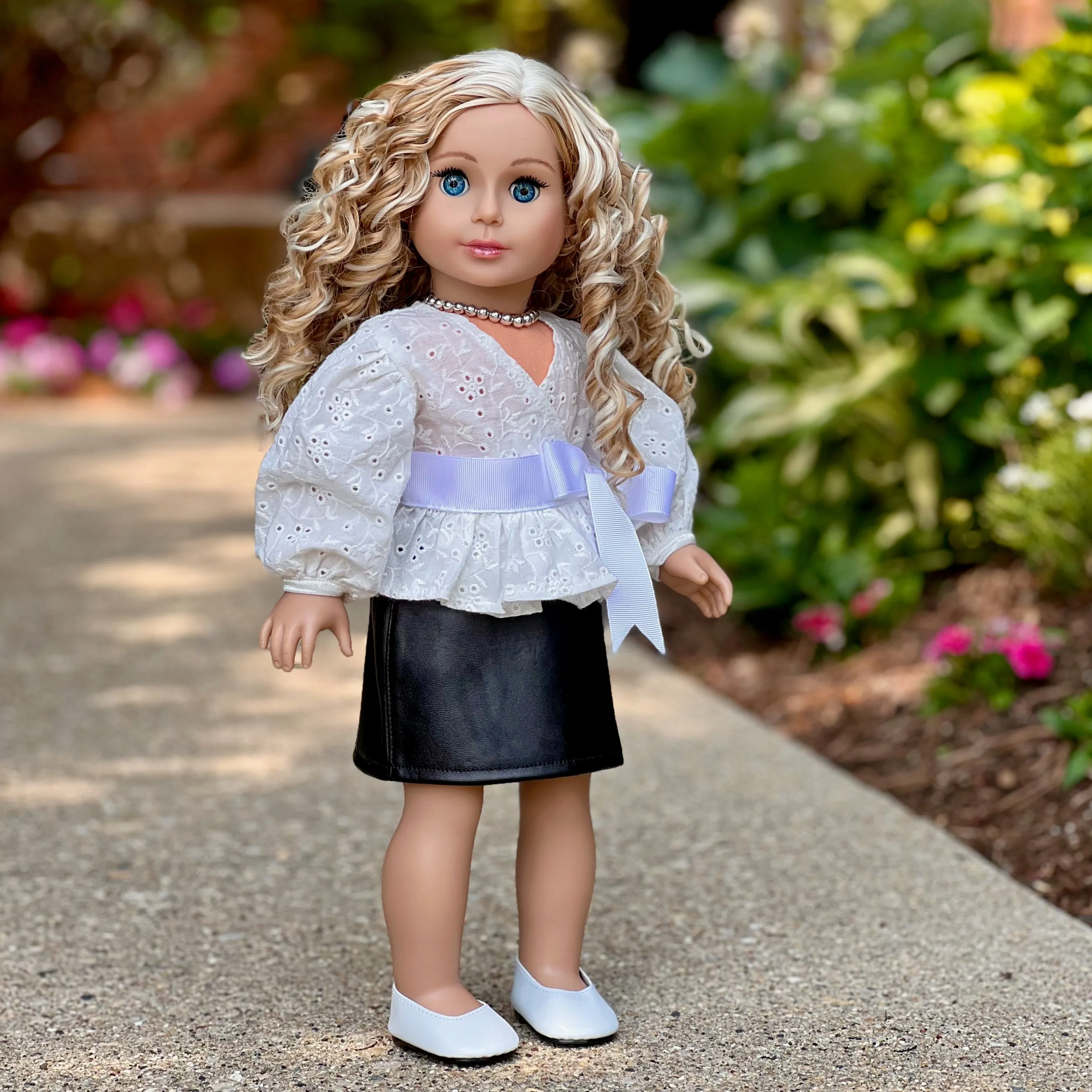 Rebel Glam - 4 Piece Outfit for 18 Inch Doll - Ivory Blouse, Black Leather Skirt, White Shoes and Silver Necklace - 18 Inch Doll Clothes ( Doll Not Included)