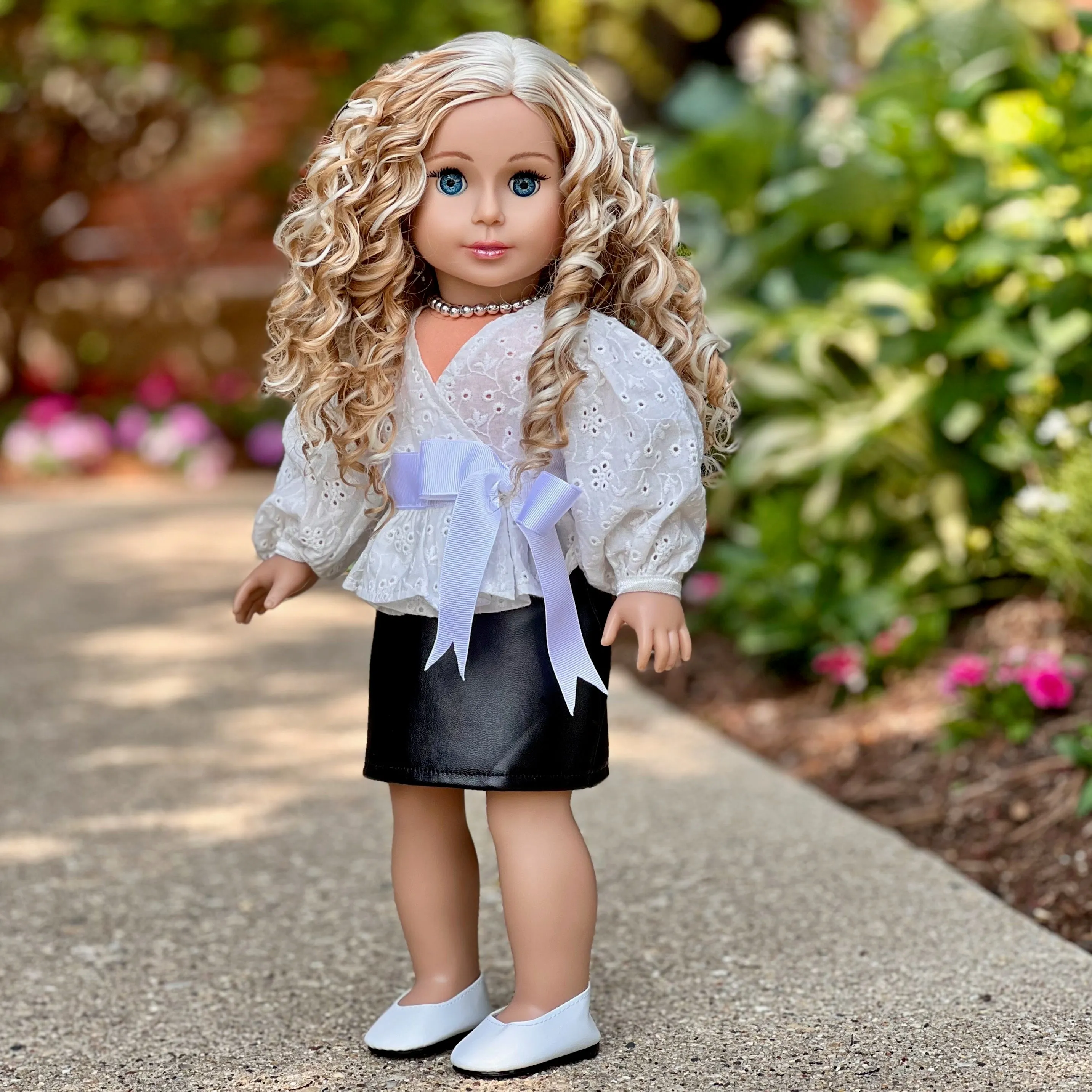 Rebel Glam - 4 Piece Outfit for 18 Inch Doll - Ivory Blouse, Black Leather Skirt, White Shoes and Silver Necklace - 18 Inch Doll Clothes ( Doll Not Included)