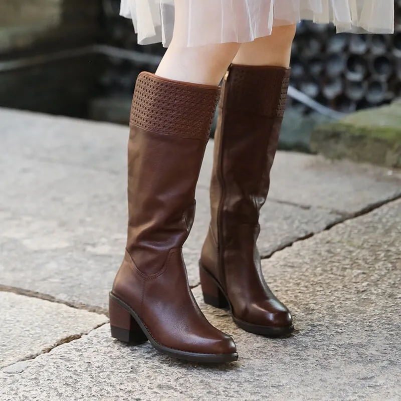 Retro Leather Women's Knee High Boots 65mm Block Heel in Brown/Black