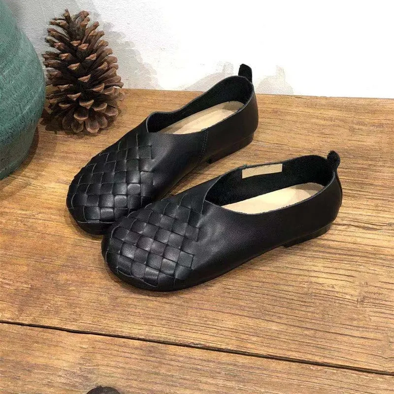 Retro Woven Soft Leather Flats For Women Round Toe In Beige/Black/Green/Coffee