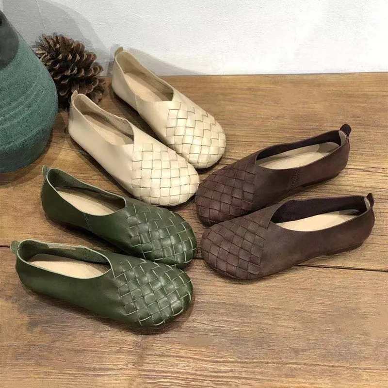 Retro Woven Soft Leather Flats For Women Round Toe In Beige/Black/Green/Coffee