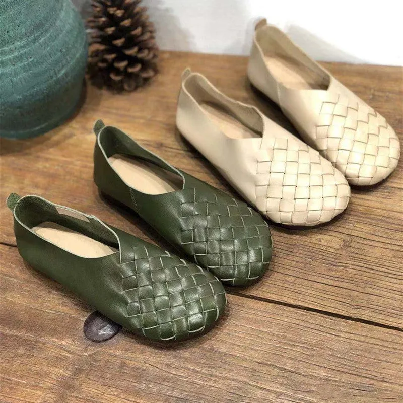 Retro Woven Soft Leather Flats For Women Round Toe In Beige/Black/Green/Coffee