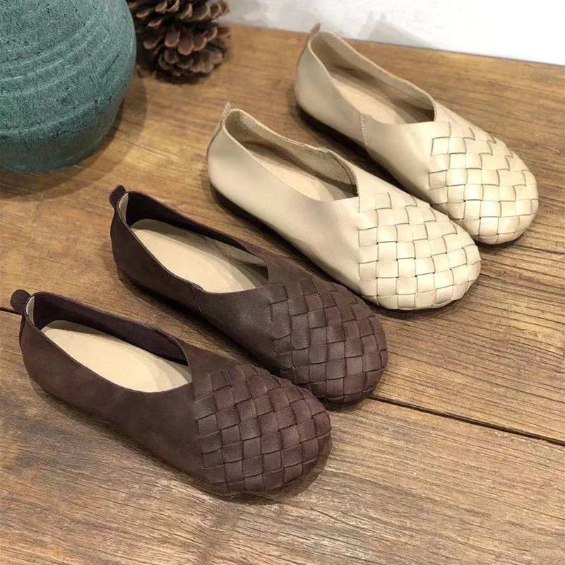 Retro Woven Soft Leather Flats For Women Round Toe In Beige/Black/Green/Coffee