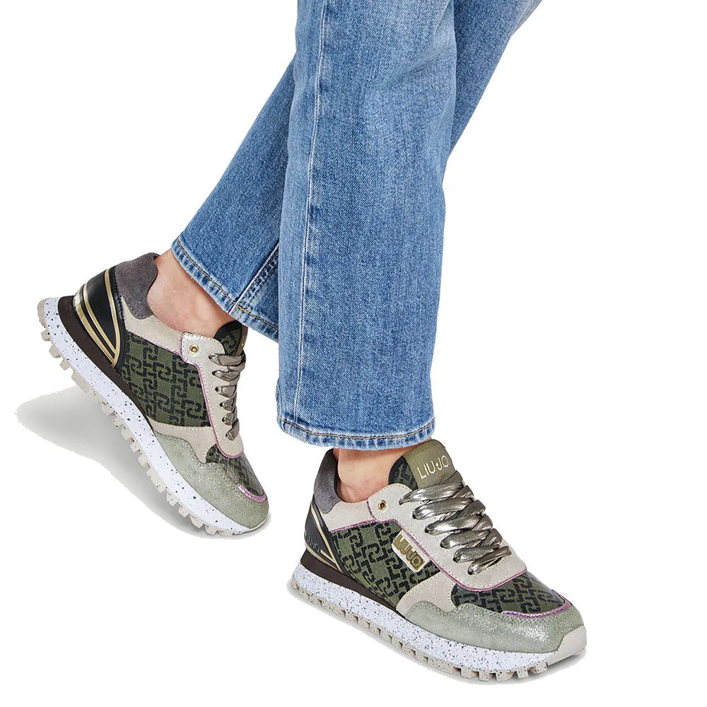 Scarpe Donna LIU JO Sneakers Platform Wonder 24 in Suede Metallizzato e Monogram Jacquard Verde Muschio