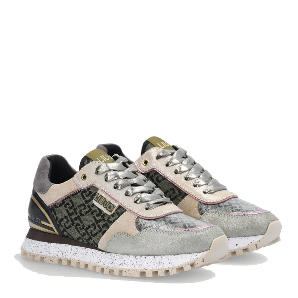 Scarpe Donna LIU JO Sneakers Platform Wonder 24 in Suede Metallizzato e Monogram Jacquard Verde Muschio