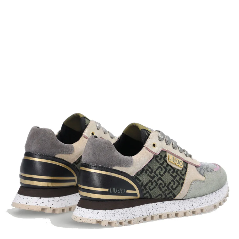 Scarpe Donna LIU JO Sneakers Platform Wonder 24 in Suede Metallizzato e Monogram Jacquard Verde Muschio