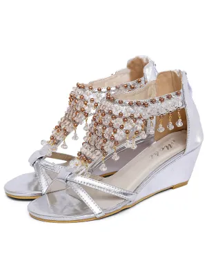 Silver Pearl Pendant Wedge Heel T-Strap Boho Sandals