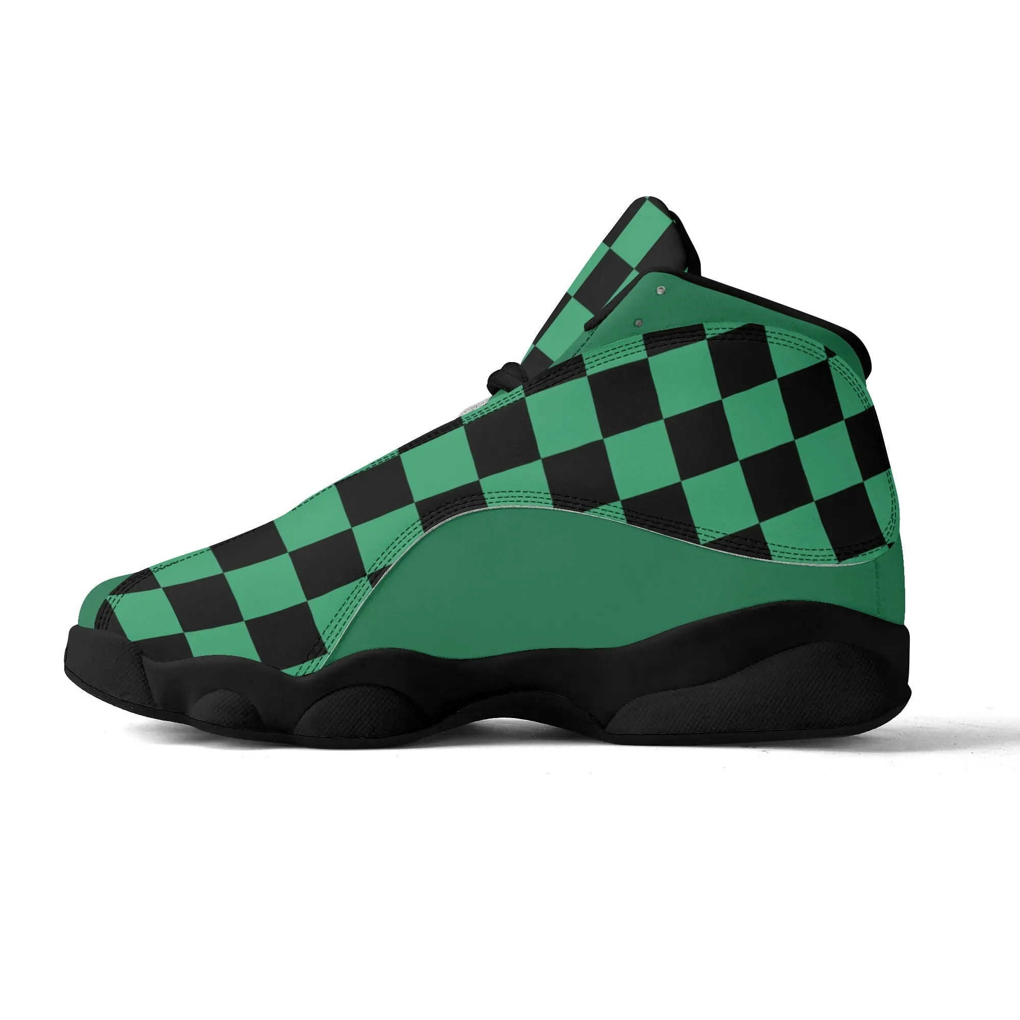 Skate shoe | High Top Sneakers | PU Vegan Leather Basketball shoes | Anime Slayer of Demon | Green Black Checkered