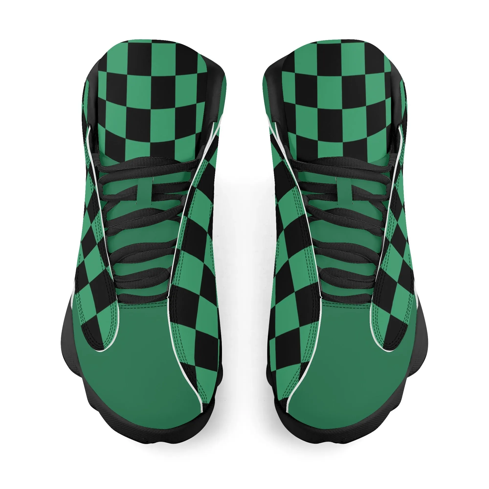 Skate shoe | High Top Sneakers | PU Vegan Leather Basketball shoes | Anime Slayer of Demon | Green Black Checkered