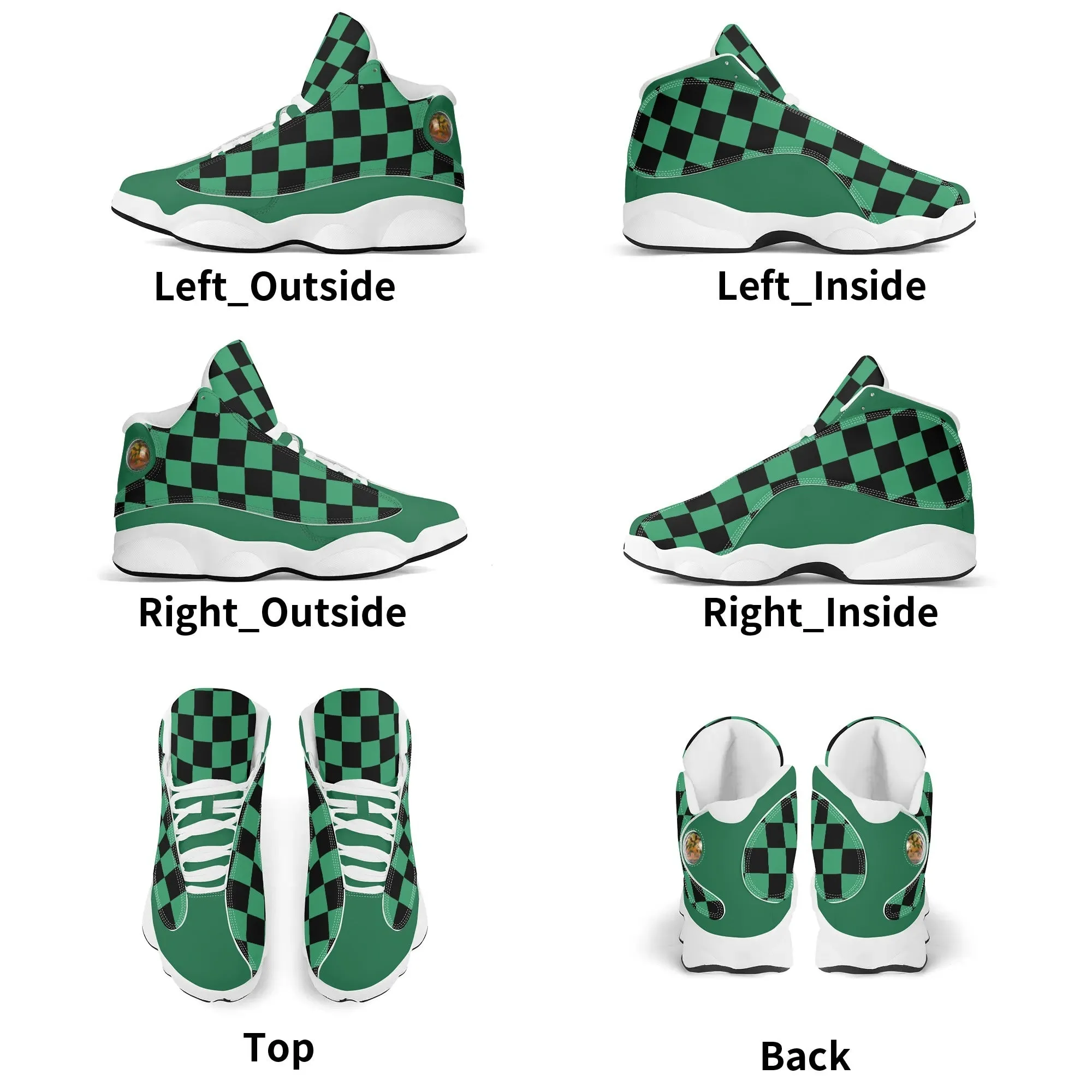 Skate shoe | High Top Sneakers | PU Vegan Leather Basketball shoes | Anime Slayer of Demon | Green Black Checkered