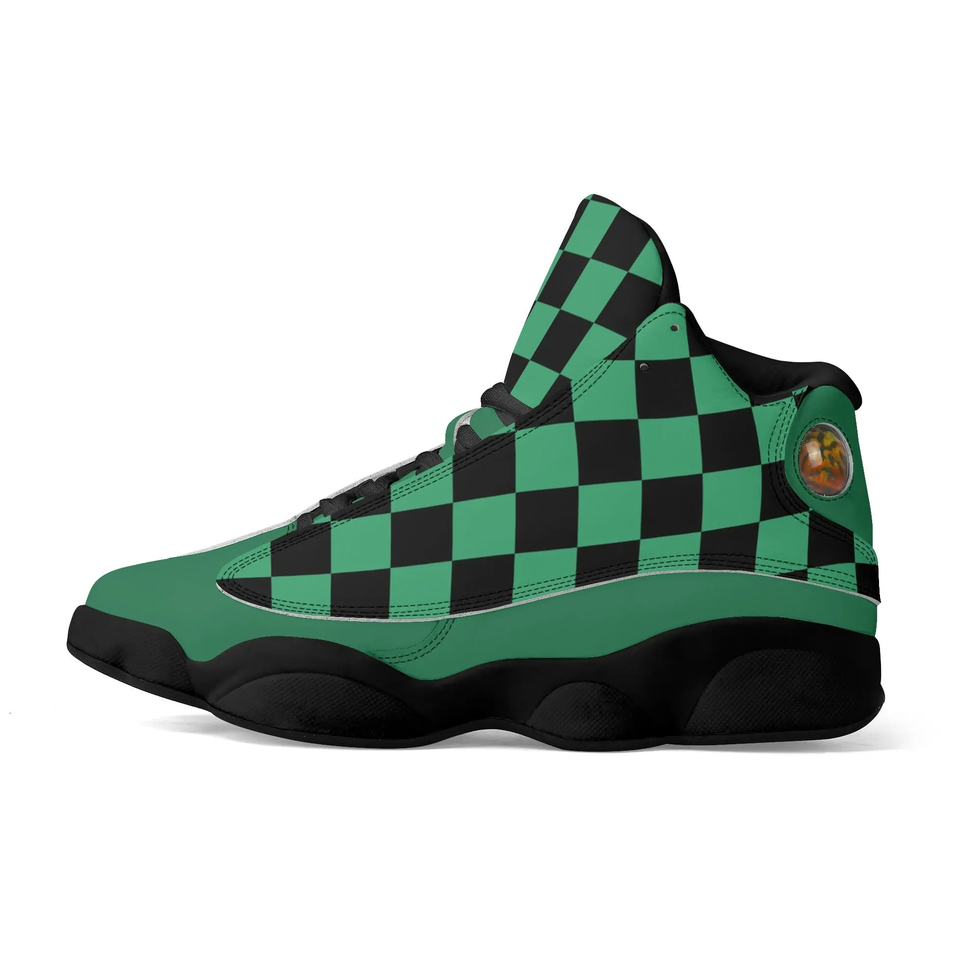 Skate shoe | High Top Sneakers | PU Vegan Leather Basketball shoes | Anime Slayer of Demon | Green Black Checkered