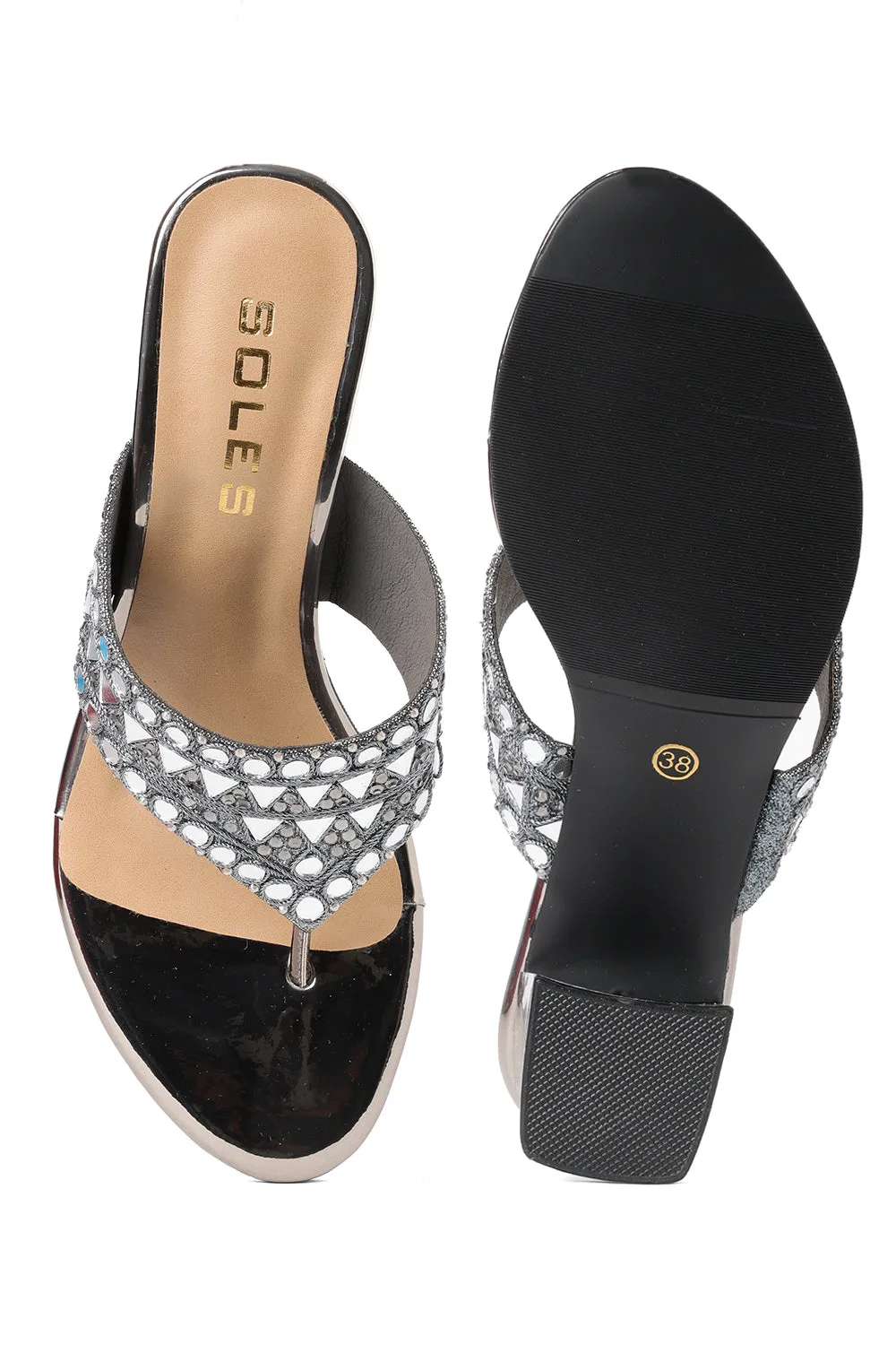 SOLES Mirror Work Crystal Block Heels