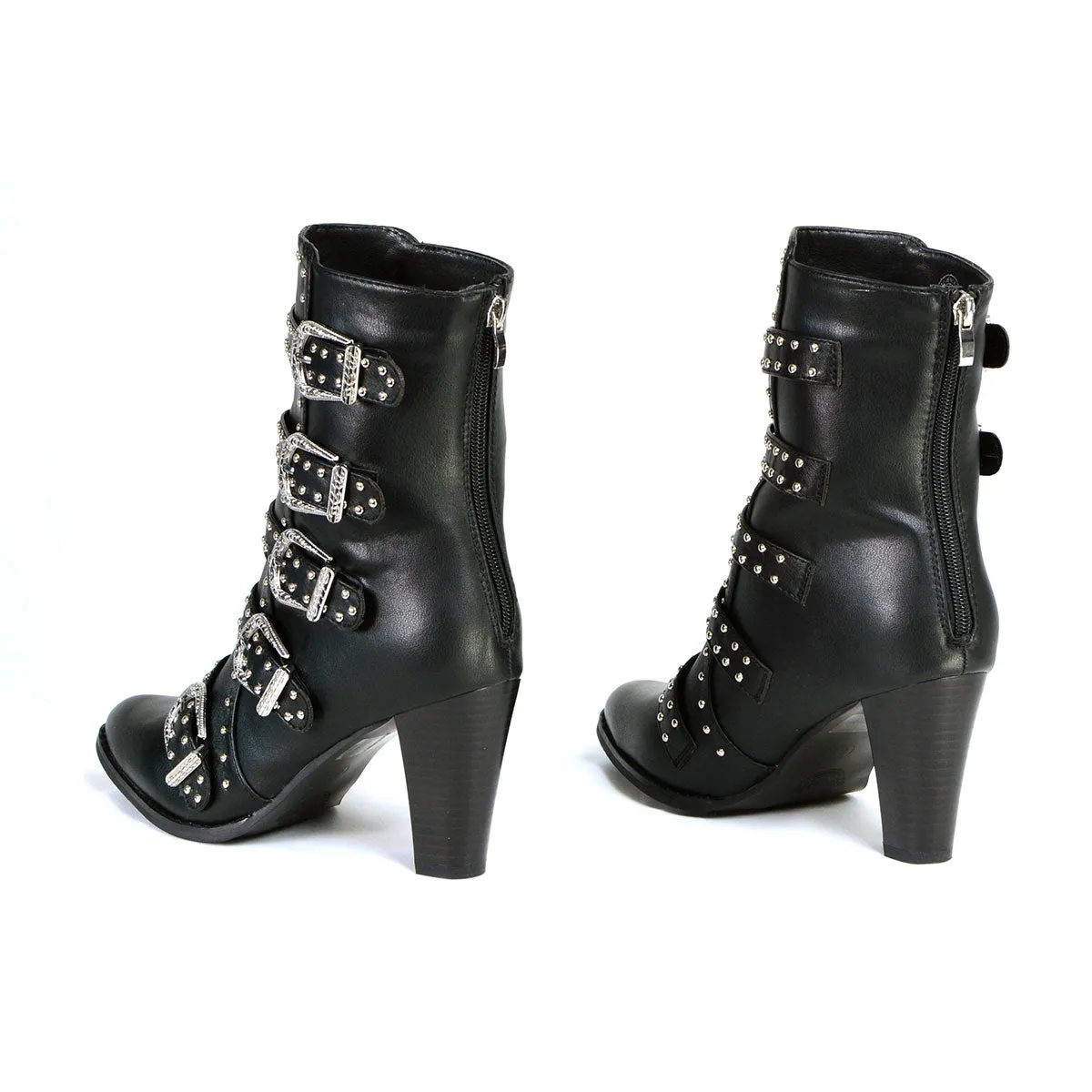 Step It Up Women's Black Buckle Up Boots with Studded Bling