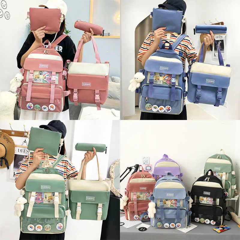 Student Schoolbag Four-Piece Set  New Korean Style Large Capacity Canvas Backpack Crossbody Chest Bag Pencil Case Backpack