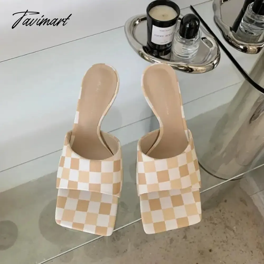 TAVIMART  Summer New Fashion Checkerboard Slippers Women Thin Low Heel Sandals Femmes Elegant Shoes Retro Plaid Casual Dress Slides