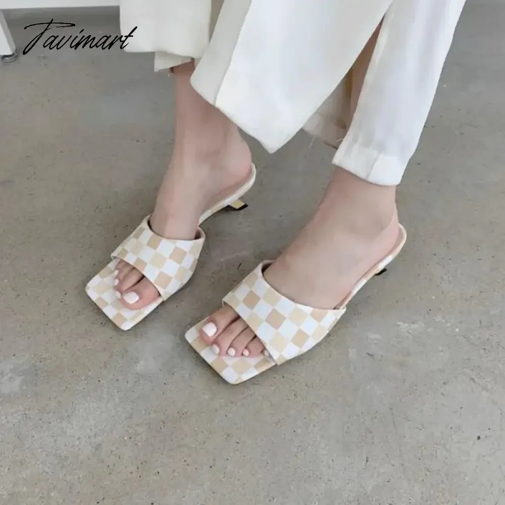 TAVIMART  Summer New Fashion Checkerboard Slippers Women Thin Low Heel Sandals Femmes Elegant Shoes Retro Plaid Casual Dress Slides