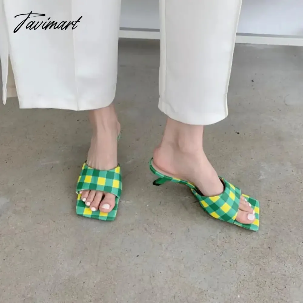 TAVIMART  Summer New Fashion Checkerboard Slippers Women Thin Low Heel Sandals Femmes Elegant Shoes Retro Plaid Casual Dress Slides