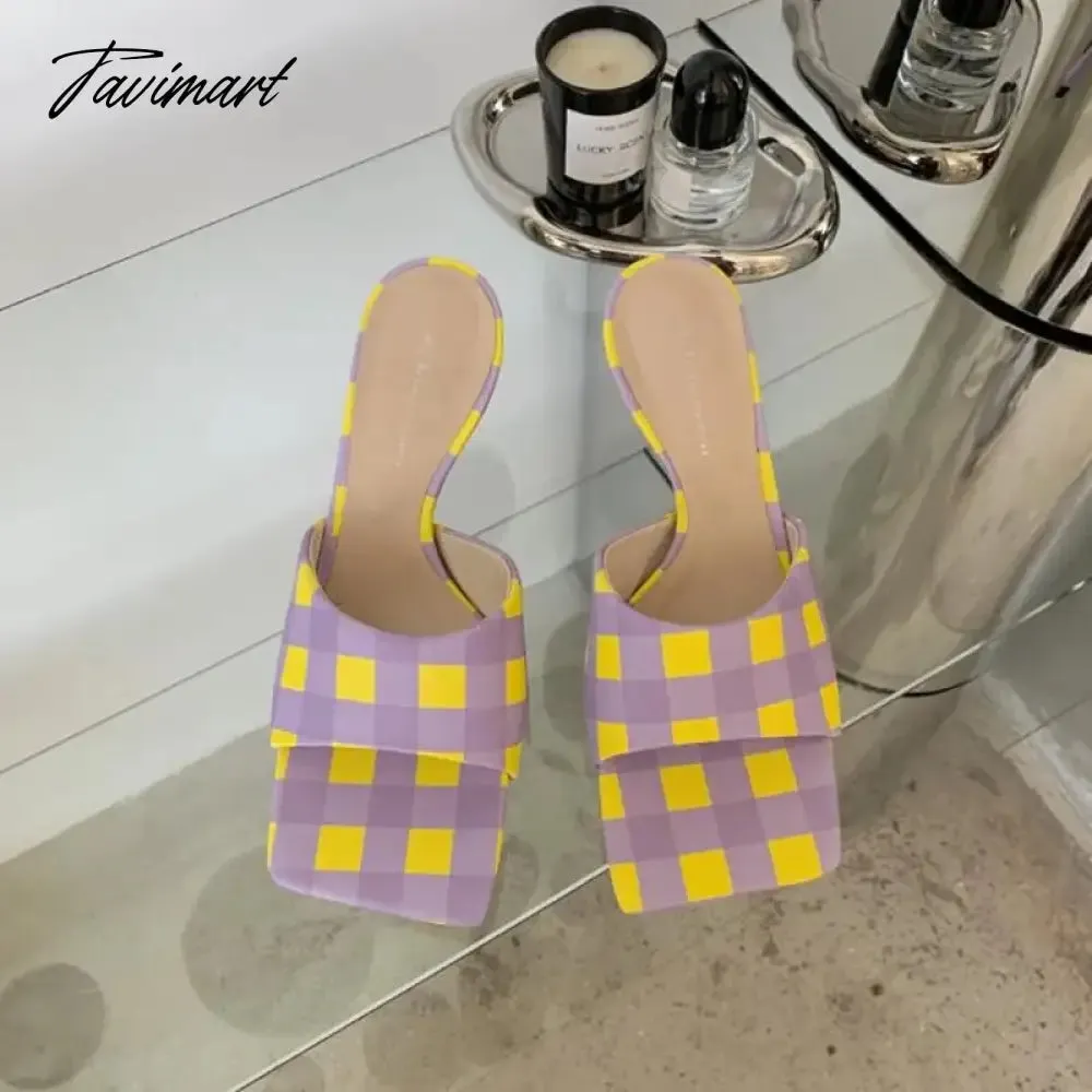 TAVIMART  Summer New Fashion Checkerboard Slippers Women Thin Low Heel Sandals Femmes Elegant Shoes Retro Plaid Casual Dress Slides