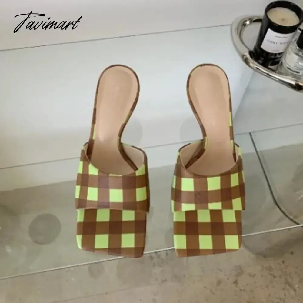 TAVIMART  Summer New Fashion Checkerboard Slippers Women Thin Low Heel Sandals Femmes Elegant Shoes Retro Plaid Casual Dress Slides