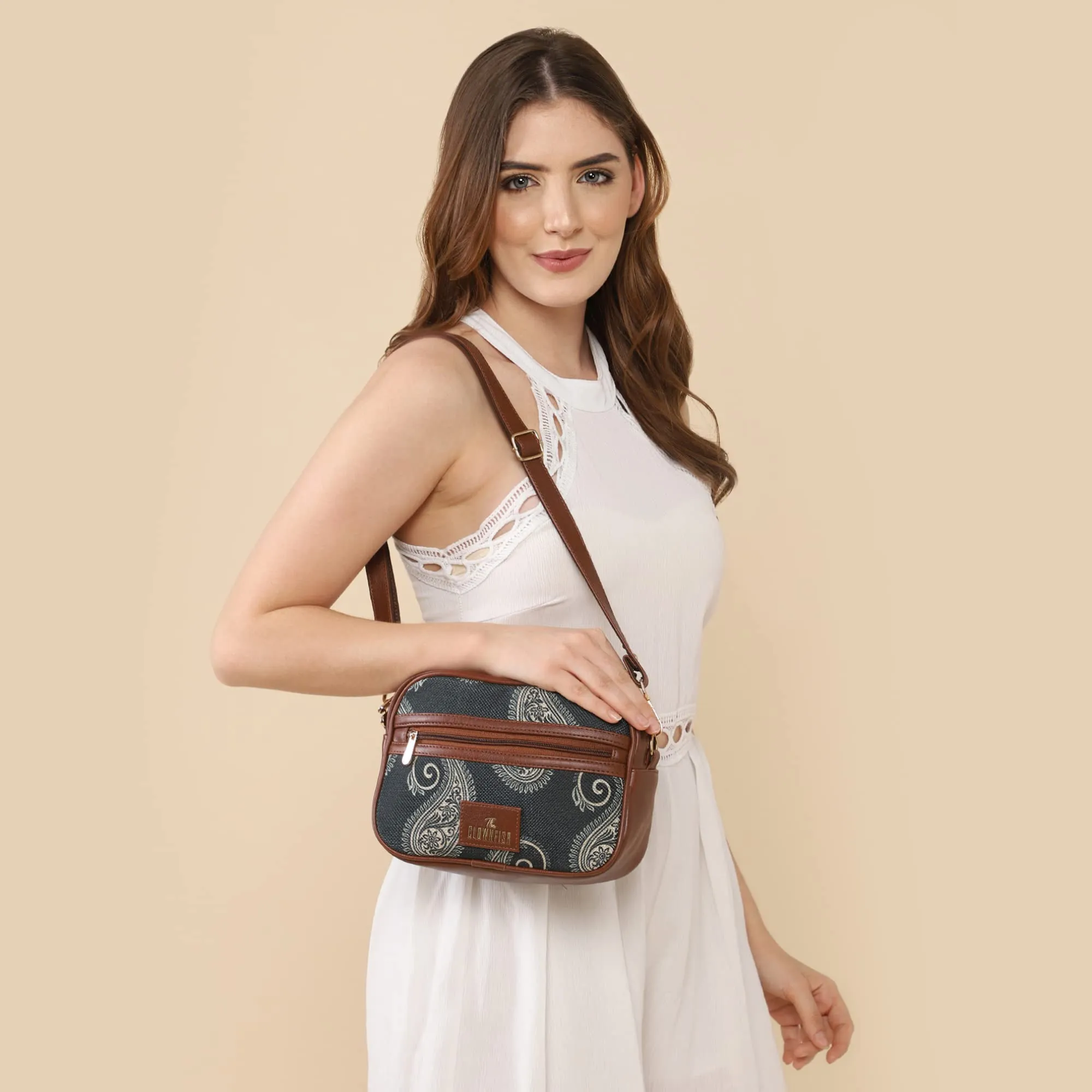 THE CLOWNFISH Nyra Polyester Crossbody Sling Bag For Women Casual Party Bag Purse With Adjustable Shoulder Strap, Grey