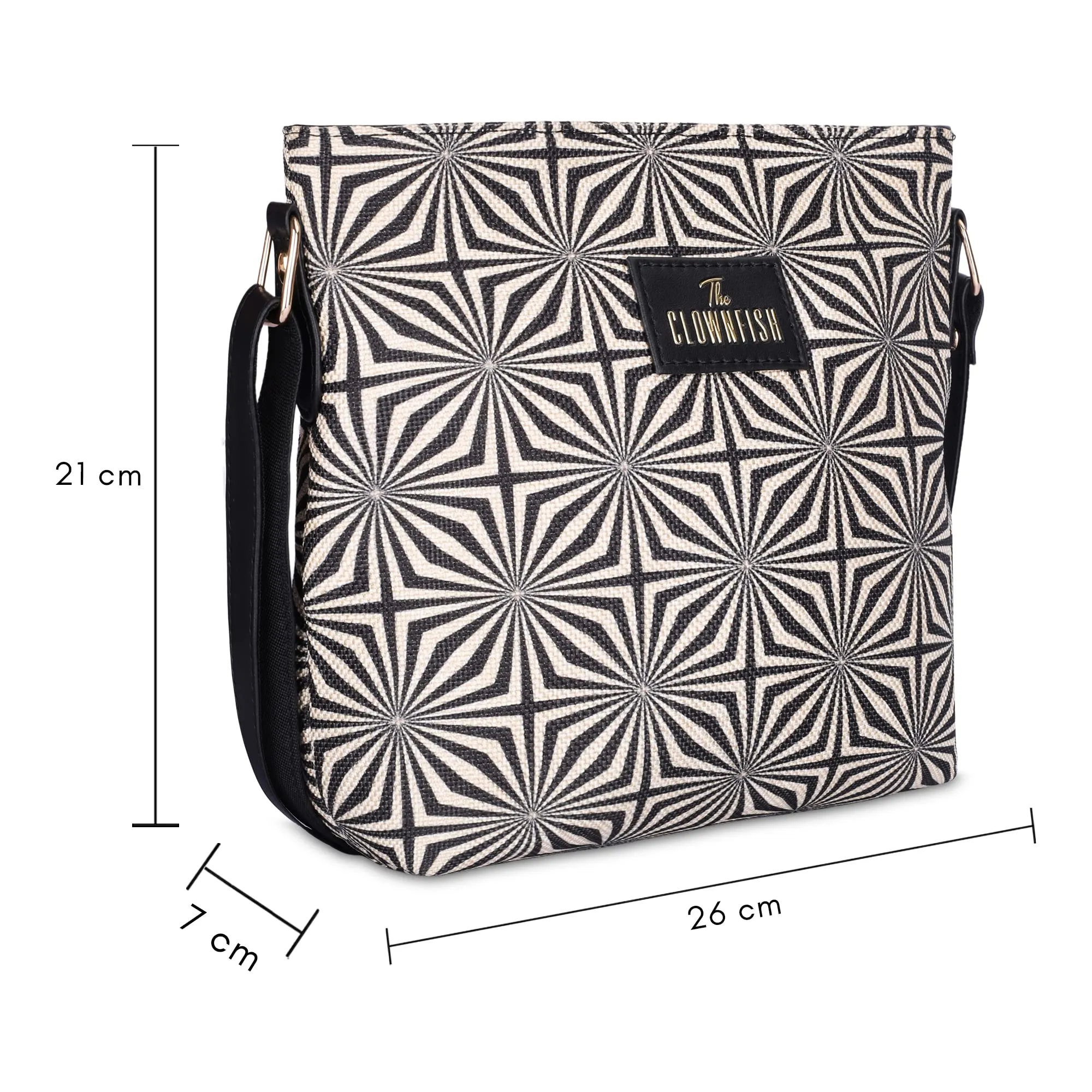 THE CLOWNFISH Patricia Series Sling for Women Faux Leather Casual Ladies Single Shoulder Bag For Women Crossbody Bag for College Girls (Black-Geometric Design)