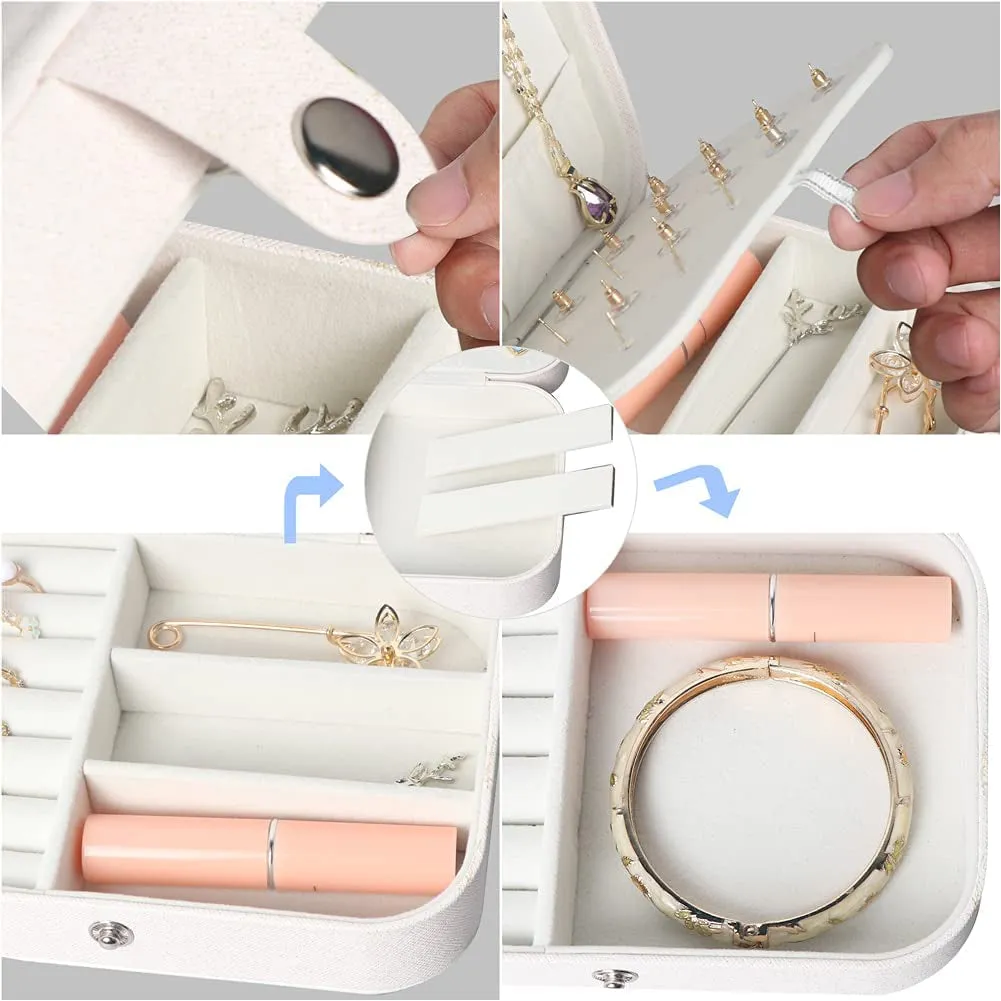 Travel Jewelry Box,Small Jewelry Organizer Boxes for Women Girls,2 Layer Sparkle Jewlery Case,Pu Leather Mini Portable Jewerly Storage Holder for Earrings,Ring, Necklaces,Bracelets -Glitter White