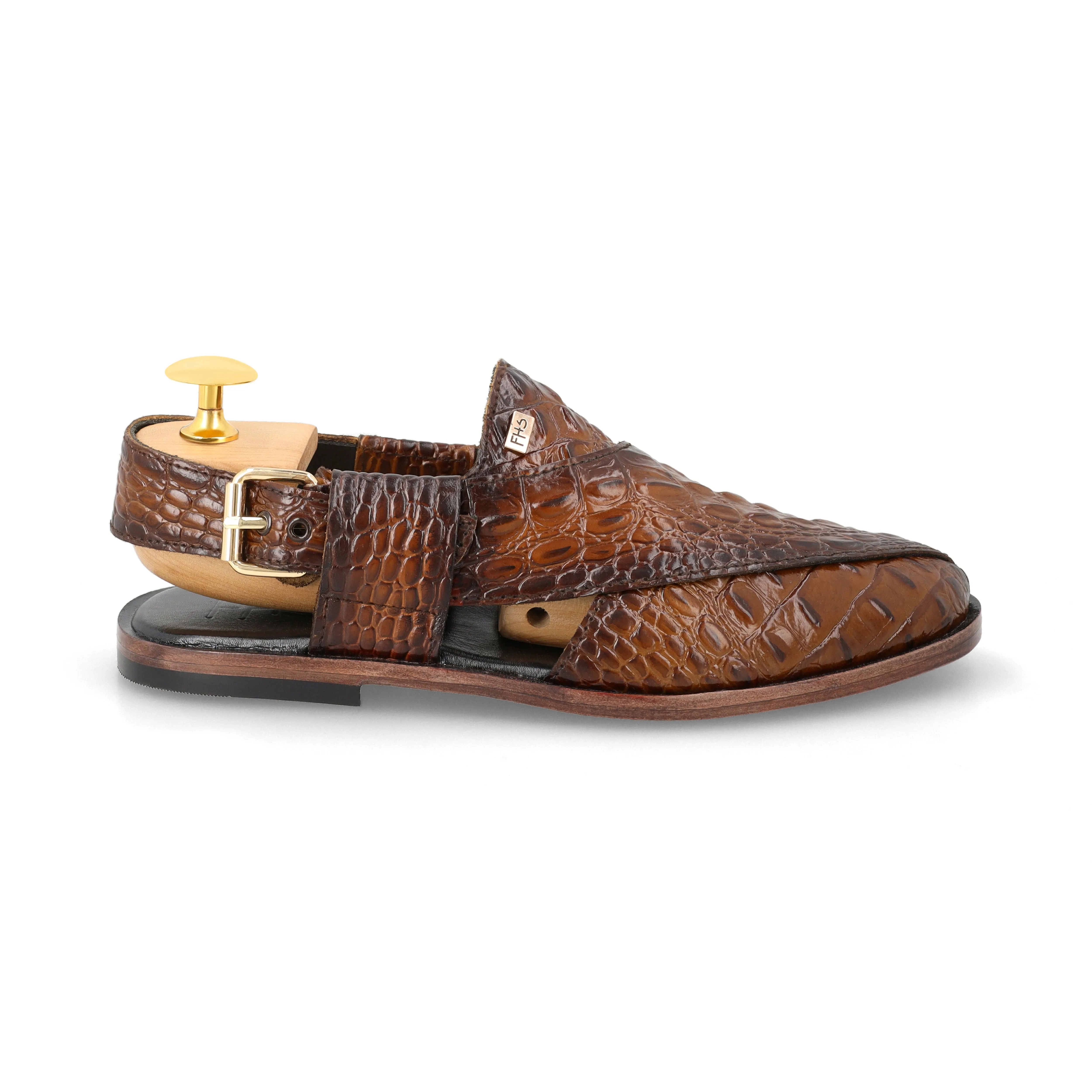 Two-Tone Croc-Embossed Peshawari Sandals-Brown