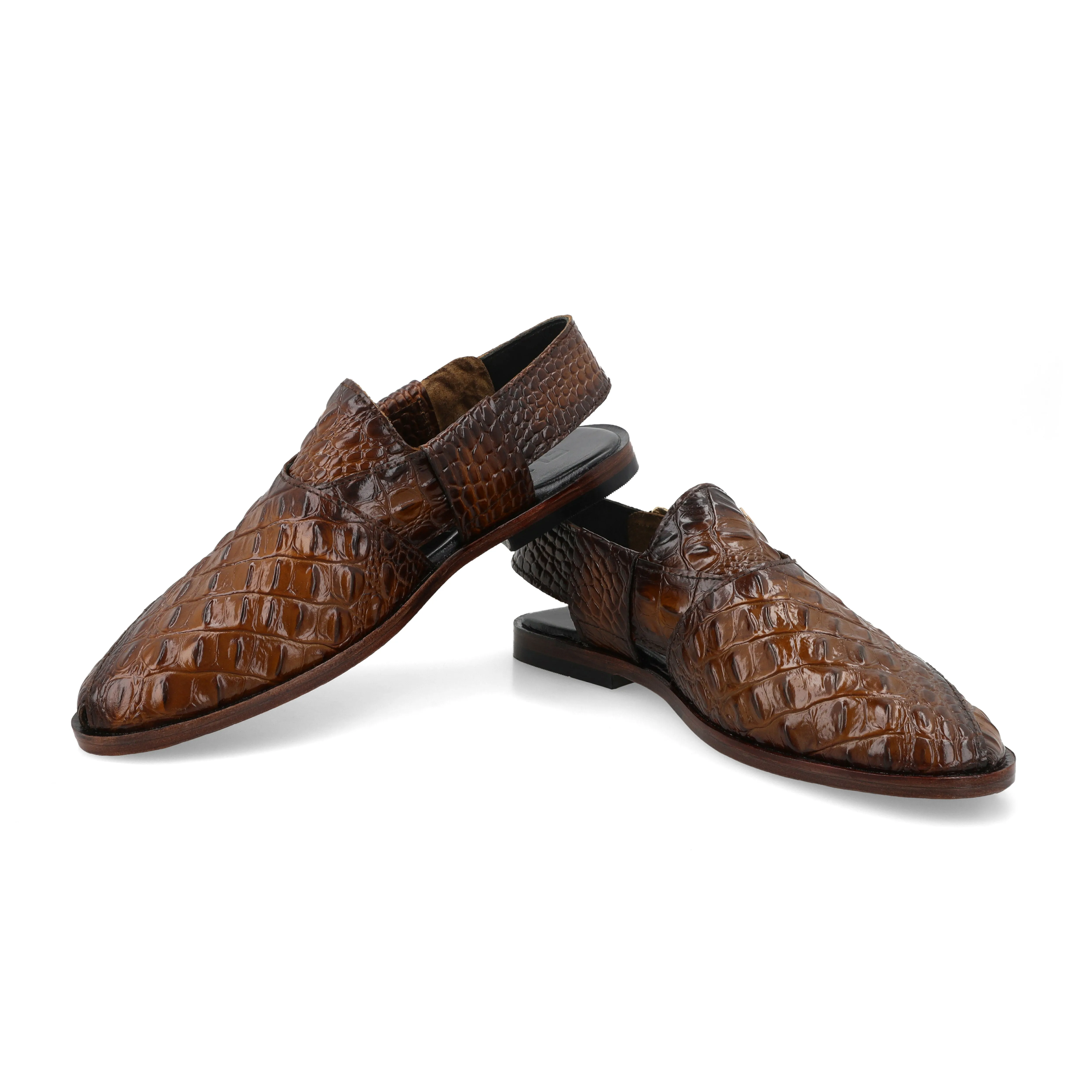 Two-Tone Croc-Embossed Peshawari Sandals-Brown