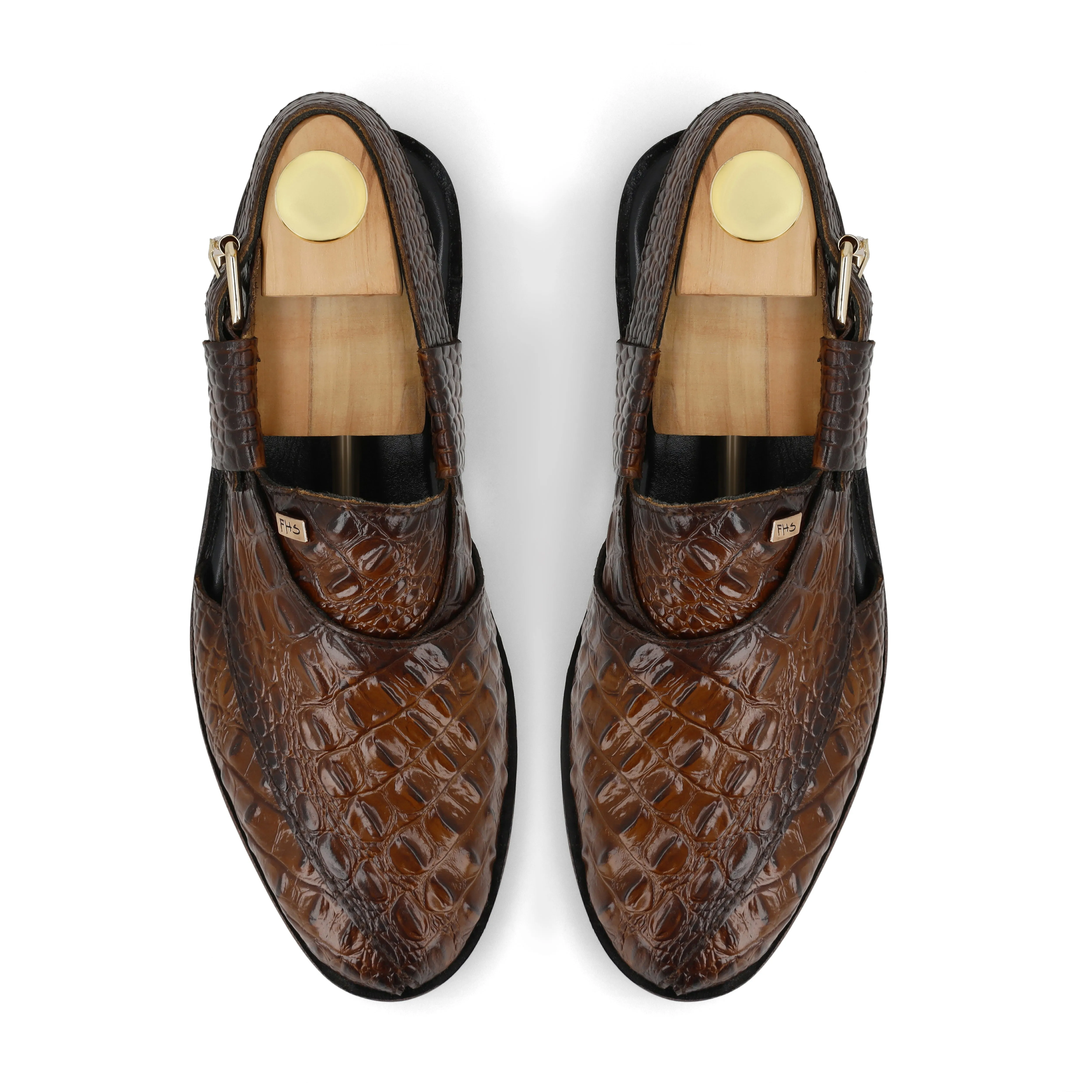 Two-Tone Croc-Embossed Peshawari Sandals-Brown