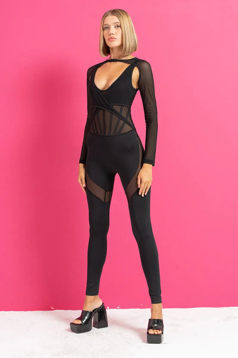 Vendatta Mesh Cut Out Catsuit Jumpsuit with Bloro Shrug - Black