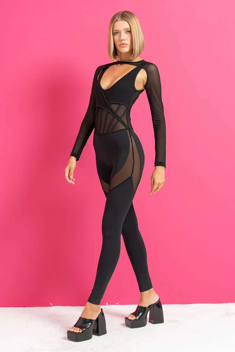 Vendatta Mesh Cut Out Catsuit Jumpsuit with Bloro Shrug - Black