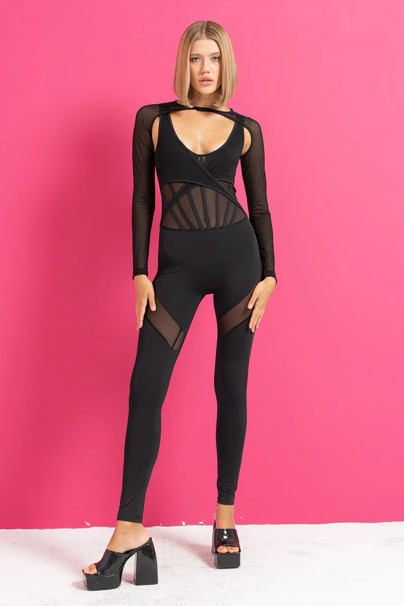 Vendatta Mesh Cut Out Catsuit Jumpsuit with Bloro Shrug - Black