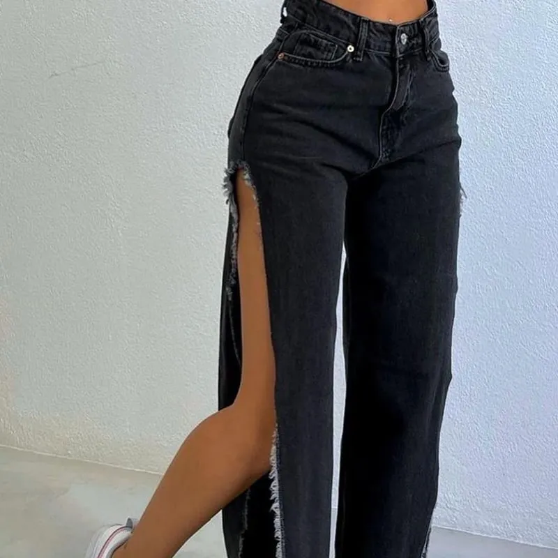 Wide Legged High Waist Jeans with Side Slits