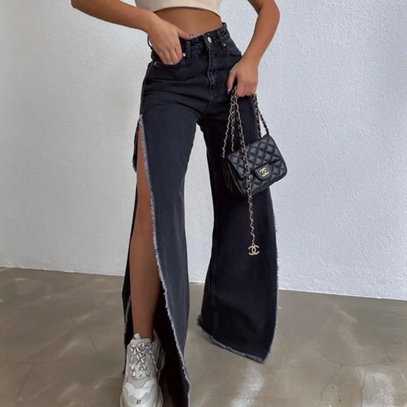 Wide Legged High Waist Jeans with Side Slits