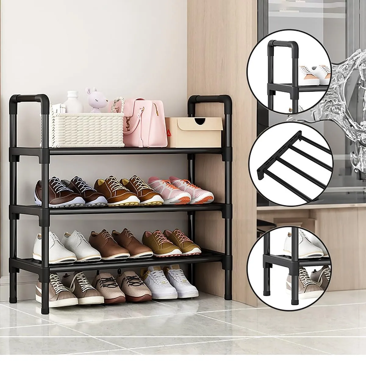 wolpin Multi-Purpose 3 Shelves Shoe Stand Rack Shelve Storage Rack Steel Dust-proof for Footwear, Black