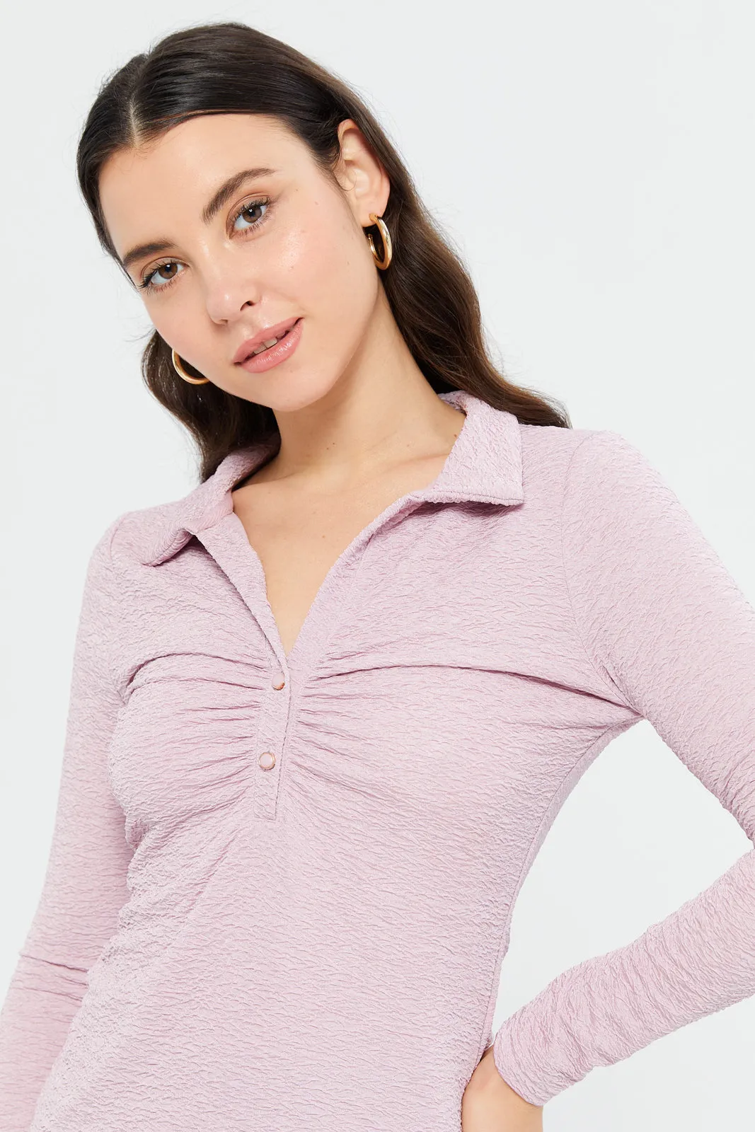 Women Mauve Front Ruched Jacquard Jersey Top