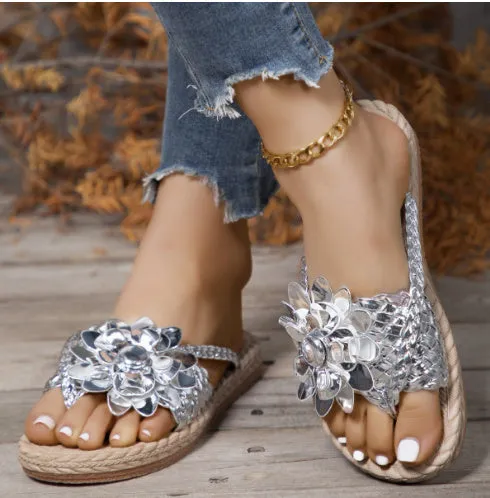 Women's Fashion Casual Shoes Flat Holiday Woven Printed Beach Flip Flops