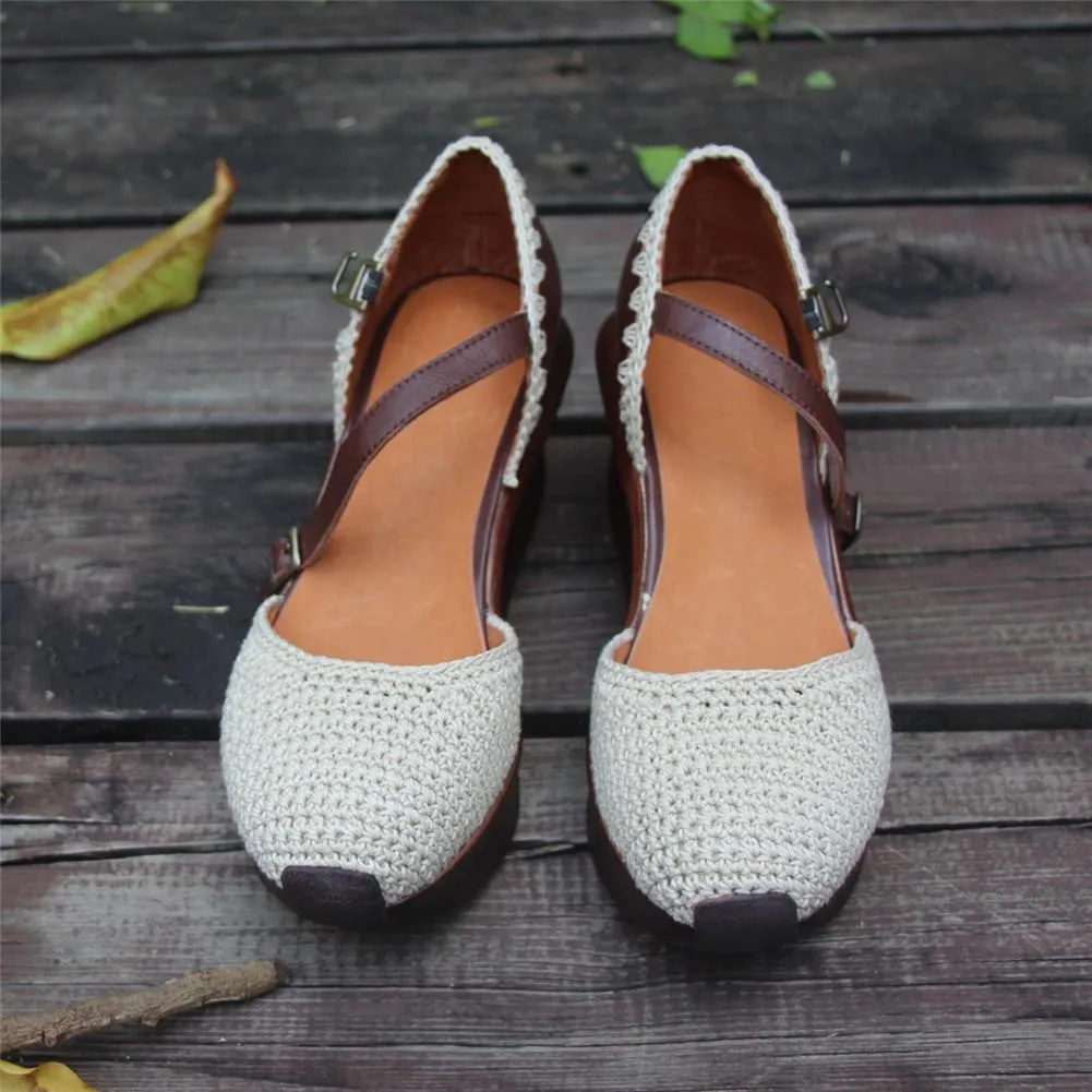 Womens Handmade Retro Leather Knitting Platforms Leather Sandals White/Coffee