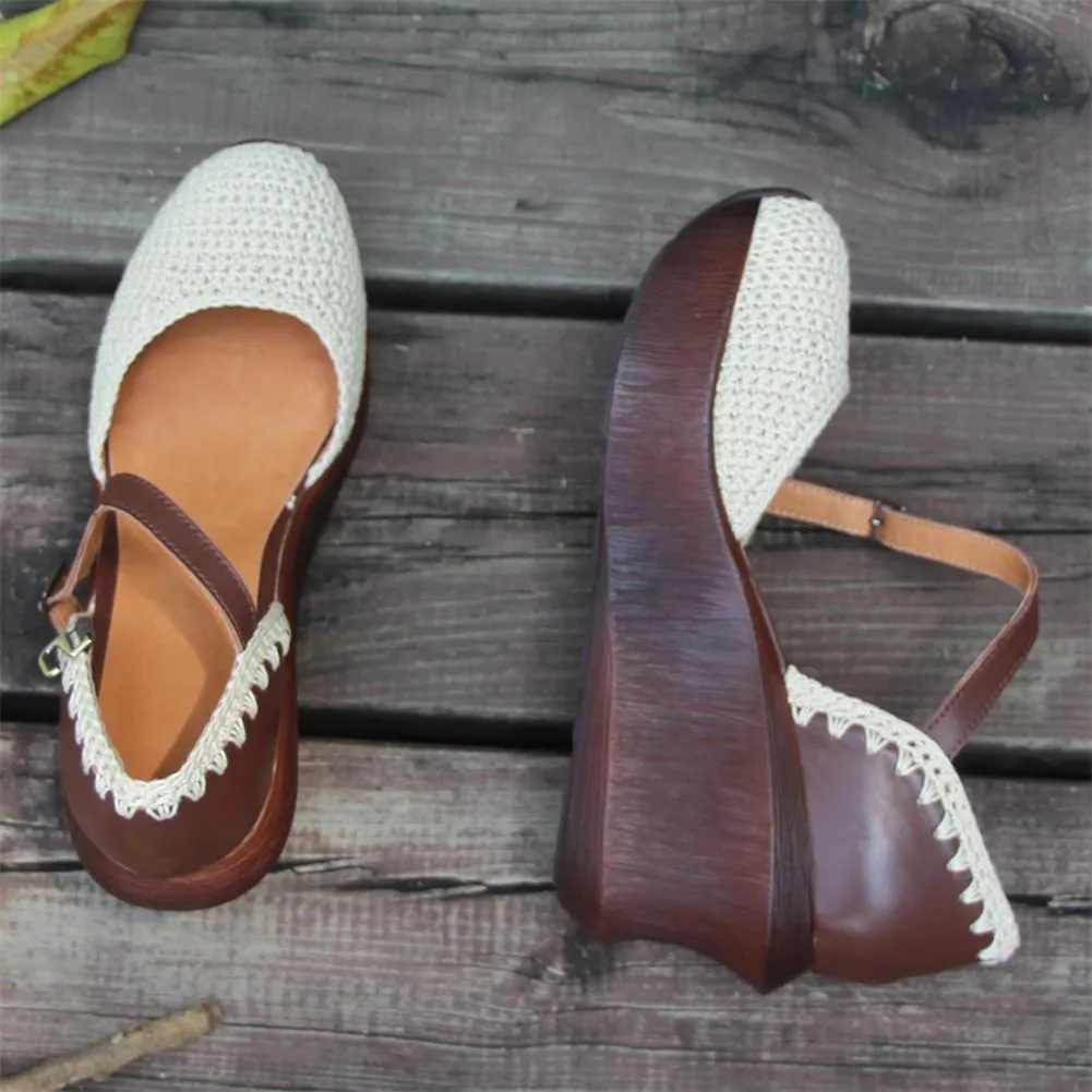 Womens Handmade Retro Leather Knitting Platforms Leather Sandals White/Coffee