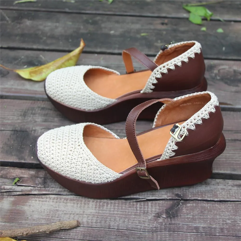 Womens Handmade Retro Leather Knitting Platforms Leather Sandals White/Coffee