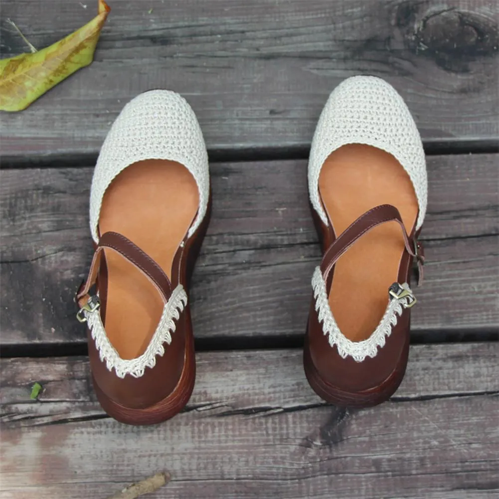 Womens Handmade Retro Leather Knitting Platforms Leather Sandals White/Coffee