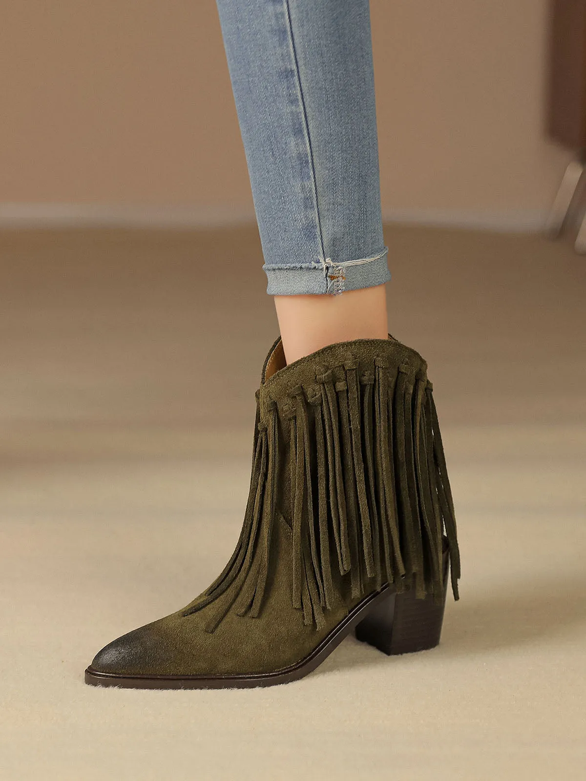 Women's Solid Color Chunky Heel Pointed Toe Fringe Leather Boho Boots