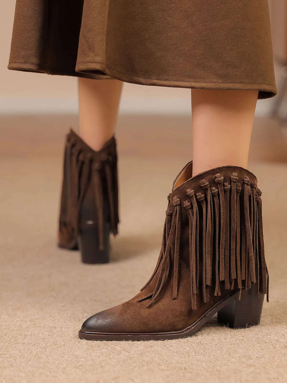 Women's Solid Color Chunky Heel Pointed Toe Fringe Leather Boho Boots